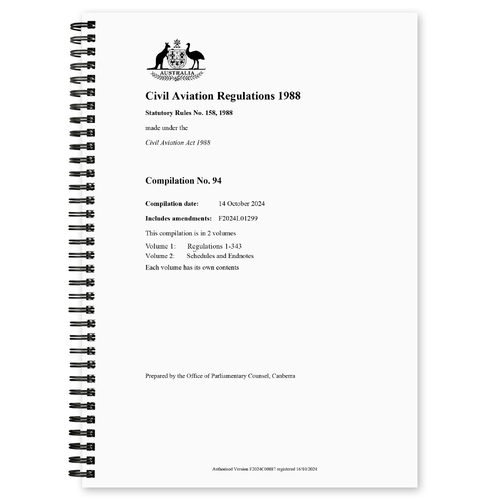 CASA CAR 1988 Civil Aviation Regulations 1988 (Volume 1 and 2) Compilation No. 94 Registered 14th October 2024